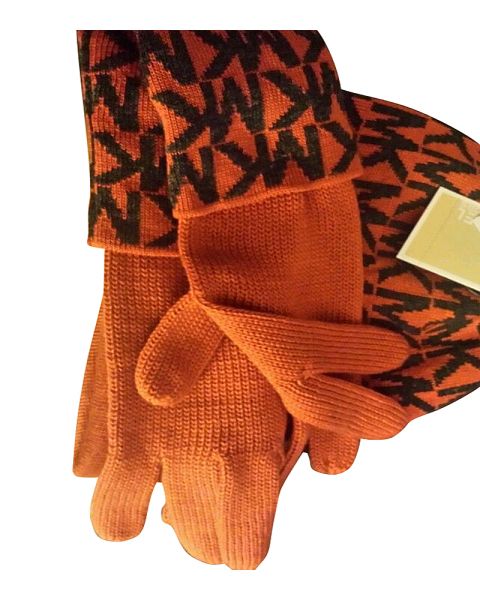 Women Men's Orange & White Hat & Gloves Set